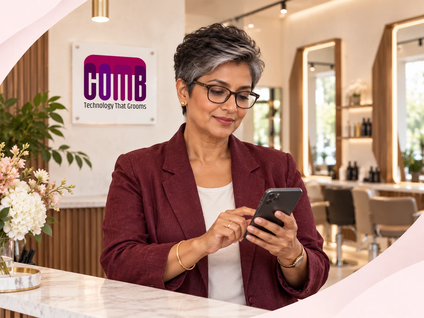 COMB salon management software in use at a salon counter