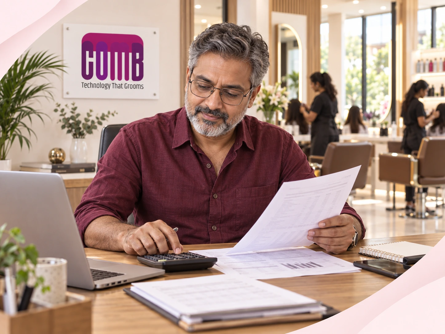 Salon owner reviewing business reports